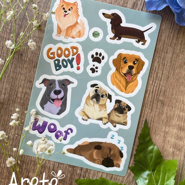 11PCs Cartoony Doggie Sticker Sheet, Dog stickers, 4x6in sticker sheet, hand-drawn dogs  lettering, Pet Stickers for animal and pet lovers