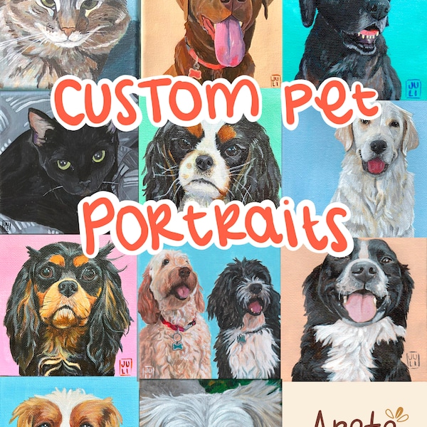 Custom pet portrait Acrylic and Gouache Paintings on stretched Canvas, Animal Paintings, Pet Memorial Gift, Painted from Photo, Pet Gifts