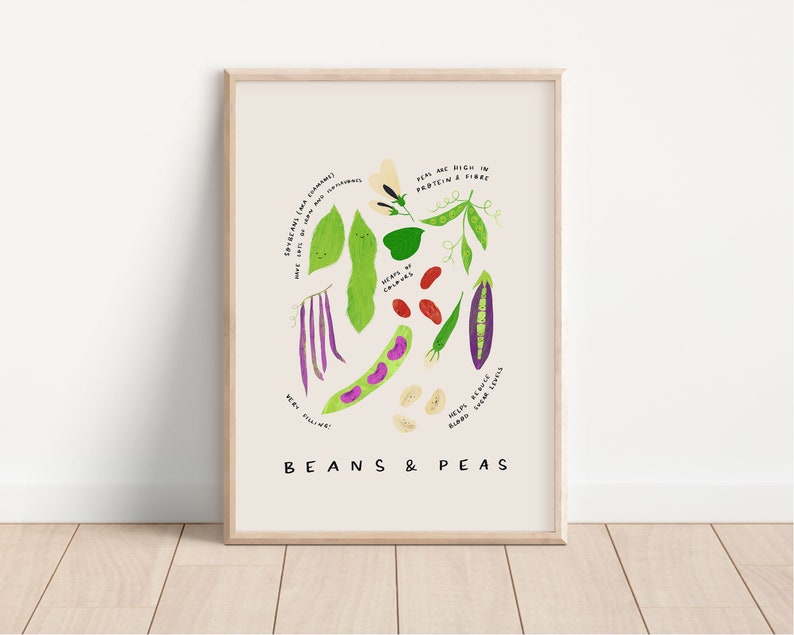 Cartel educativo de frijoles y guisantes / impresión de arte DIGITAL, arte de la pared del vivero, decoración del arte de la pared del comedor de la cocina, cartel de aprendizaje de verduras imagen 1