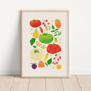 Ilustración de variedades de tomate / Impresión de arte DIGITAL, arte de la pared del vivero, decoración del arte de la pared del comedor de la cocina, cartel de aprendizaje de verduras