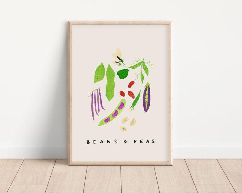 Cartel de frijoles y guisantes / impresión de arte DIGITAL, arte de la pared del vivero, decoración del arte de la pared del comedor de la cocina, cartel de aprendizaje de verduras imagen 1