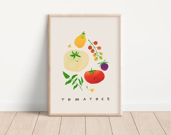 Cartel de ilustración de tomates / Impresión de arte DIGITAL, arte de la pared del vivero, decoración del arte de la pared del comedor de la cocina, cartel de aprendizaje de verduras