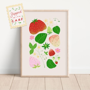 Erdbeeren Sorten Abbildung | PHYSIKALISCHER Kunstdruck, Kinderzimmer Wandkunst, Küche Esszimmer Wanddeko, Gemüse Lernposter