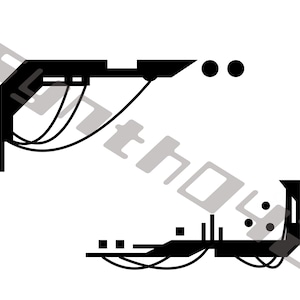 May include: Black and white abstract design with geometric shapes and lines. The design is in the shape of a square with a corner cut out.