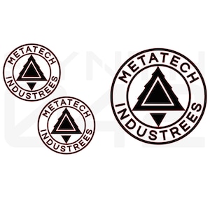 May include: Three circular black and white decals featuring the text METATECH INDUSTRIES arranged in a ring around a central triangle icon. The design includes a large triangle with a smaller solid triangle pointing downward beneath it.