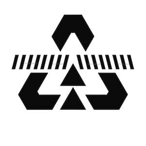 May include: Black and white geometric design with a triangle shape in the center and three arrows pointing in different directions.