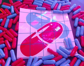 Vinyl Decal "You in or out?" Cyberpunk Matrix Memed Pill 4in x 4in Red and Blue Sci-Fi Movie & Video Game Reference Please read Description