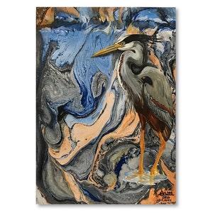 May include: A painting of a blue heron standing in a puddle of water. The background is a swirling abstract design in shades of blue, gray, and orange.