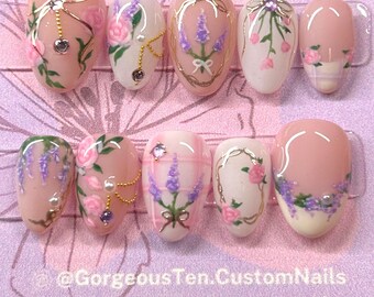 Uñas con diseño cottage core/uñas a presión/uñas cottage core/uñas de flores/uñas de rosas/uñas de lavanda/uñas de flores bonitas/uñas/uñas a presión