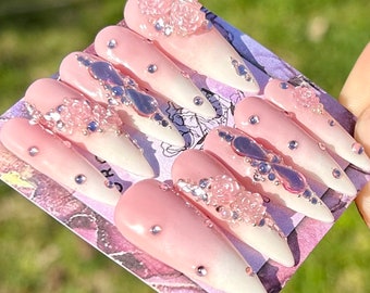 uñas ombre rosa / uñas rosas / uñas de barbie / uñas de diamantes de imitación / uñas de rosa / rosas / uñas de perlas / presione ons / presione en las uñas / barbie /