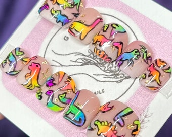uñas de dino arco iris / uñas / uñas a presión / arco iris / uñas de dinosaurio / uñas orgullo / dinosaurio arco iris / uñas reutilizables / uñas divertidas / trex / pterodáctilo