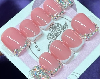 rhinestone nails/ pink nails/ reusable nails/ French tip nails/ frenchies/ rhinestone French tip / gorgeous nails/ press on nails/