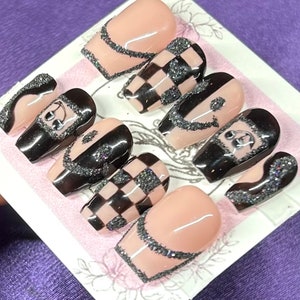 mix match nails/ black nails/ black glitter nails/ smiley nails/ swirl nails/ press on nails/ pressons/ checker nails/ cherry nails