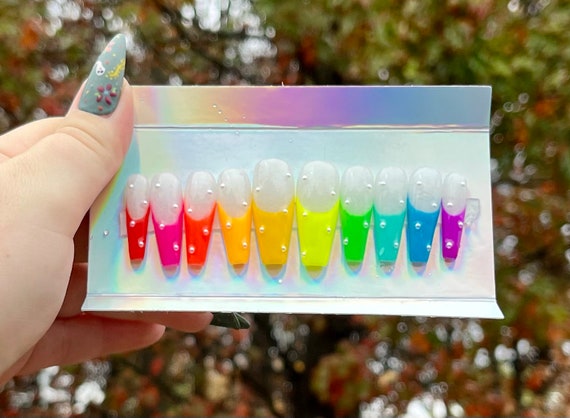Glow in the Dark Pride Set/ Pride Nails/ Jewels/ Pearls/ Pearl Nails/ Rainbow Nails/ Jewel Nails/ Press-on Nails/Pride Month/ Nails