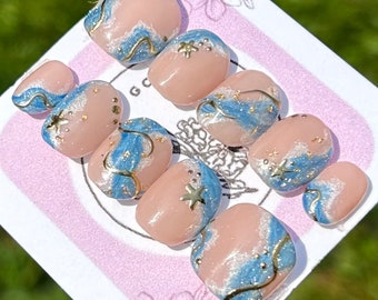 uñas de océano / uñas de estrella de mar / vibraciones de playa / uñas de playa / uñas de oro / uñas de cromo / uñas de concha marina / uñas de concha / uñas de brillo / uñas reutilizables
