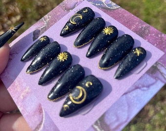 uñas de luna / uñas de estrella / uñas reflectantes / uñas de sol / prensas / uñas de presión / uñas azules / uñas de bruja / estrellas / luna / vibraciones de bruja / luna / estrella