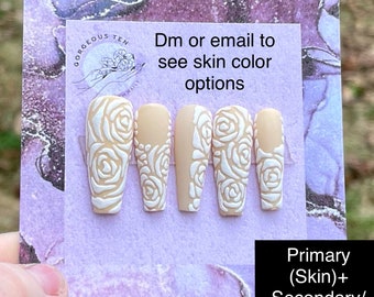 rose nails/ roses/ nails/ press on nails/ rainbow rose nails/bride nails/ bridal nails/wedding/wedding nails/ press on nails/white nails/