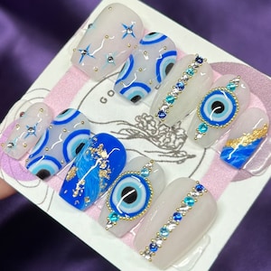 evil eye nails/ blue nails/ evil eye/ rhinestone nails/ rhinestone evil eye nails/ blue/ gold nails/ marble nails/ press on nails/ reusable