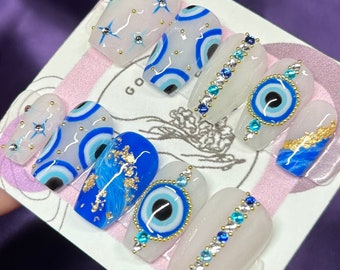 evil eye nails/ blue nails/ evil eye/ rhinestone nails/ rhinestone evil eye nails/ blue/ gold nails/ marble nails/ press on nails/ reusable