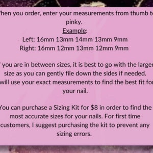 May include: Pink background with text explaining how to measure your finger for nail sizing. The text includes an example of measurements in millimeters. It also mentions a sizing kit available for purchase.