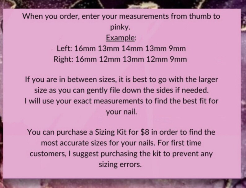 May include: Pink background with text explaining how to measure your finger for nail sizing. The text includes an example of measurements in millimeters. It also mentions a sizing kit available for purchase.