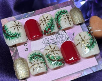 Uñas navideñas/uñas cromadas/uñas festivas/uñas con copos de nieve/uñas cromadas/uñas rojas/uñas doradas/uñas prensadas/uñas reutilizables/uñas a presión