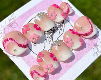 uñas rosadas/ barbie/ uñas de barbie/ uñas de flor rosa/ flor/ rosa/ uñas de diamantes de imitación/ ken/ uñas de remolino/ remolino/uñas ombre/ postizos reutilizables