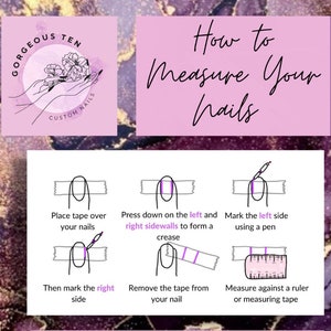 Puede incluir: Un diagrama que muestra c&oacute;mo medir las u&ntilde;as con cinta adhesiva y una regla. Los pasos son: 1. Coloque cinta adhesiva sobre las u&ntilde;as. 2. Presione hacia abajo en las paredes laterales izquierda y derecha para formar un pliegue. 3. Marque el lado izquierdo con un bol&iacute;grafo. 4. Retire la cinta adhesiva de la u&ntilde;a. 5. Mida con una regla o una cinta m&eacute;trica.