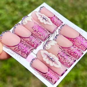 chrome nails/ chrome flower nails/ French tip nails/ chrome French tip/ French tips/ flower nails/ gel flowers/ rhinestones/ pink nails/pink