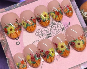 Uñas de calabaza/uñas de otoño/uñas de flores/uñas de girasol/uñas postizas/uñas reutilizables/otoño/calabazas