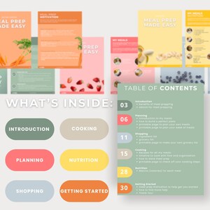Puede incluir: Una colecci&oacute;n de gu&iacute;as coloridas de preparaci&oacute;n de comidas con el texto "Meal Prep Made Easy". Las gu&iacute;as presentan im&aacute;genes de frutas, verduras e ideas de comidas. Tambi&eacute;n es visible una tabla de contenido, con secciones sobre planificaci&oacute;n, cocina y nutrici&oacute;n.