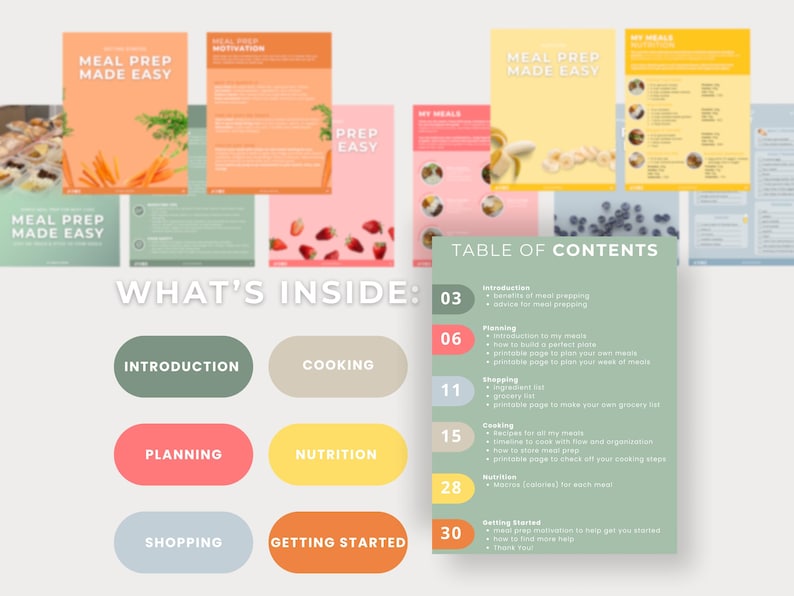 Puede incluir: Una colecci&oacute;n de gu&iacute;as coloridas de preparaci&oacute;n de comidas con el texto "Meal Prep Made Easy". Las gu&iacute;as presentan im&aacute;genes de frutas, verduras e ideas de comidas. Tambi&eacute;n es visible una tabla de contenido, con secciones sobre planificaci&oacute;n, cocina y nutrici&oacute;n.