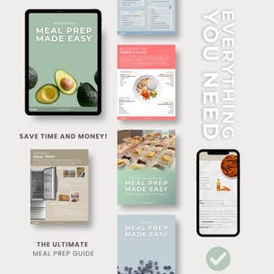 Puede incluir: Imagen que muestra una gu&iacute;a de preparaci&oacute;n de comidas con el texto "MEAL PREP MADE EASY". La gu&iacute;a incluye im&aacute;genes de aguacates, comidas preparadas y un tel&eacute;fono inteligente que muestra una receta. Tambi&eacute;n es visible el texto "SAVE TIME AND MONEY!".