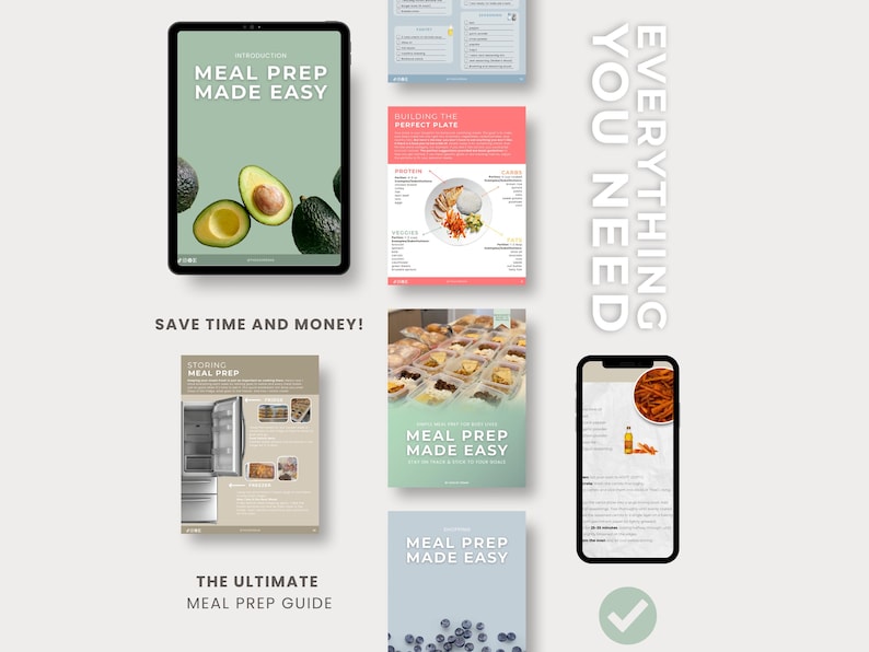 Puede incluir: Imagen que muestra una gu&iacute;a de preparaci&oacute;n de comidas con el texto "MEAL PREP MADE EASY". La gu&iacute;a incluye im&aacute;genes de aguacates, comidas preparadas y un tel&eacute;fono inteligente que muestra una receta. Tambi&eacute;n es visible el texto "SAVE TIME AND MONEY!".