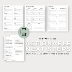 Puede incluir: P&aacute;ginas imprimibles para la planificaci&oacute;n de comidas con un planificador semanal, lista de compras y lista de verificaci&oacute;n. Las p&aacute;ginas son en blanco y negro con un dise&ntilde;o minimalista. El texto en las p&aacute;ginas incluye "Planifica tu preparaci&oacute;n de comidas".