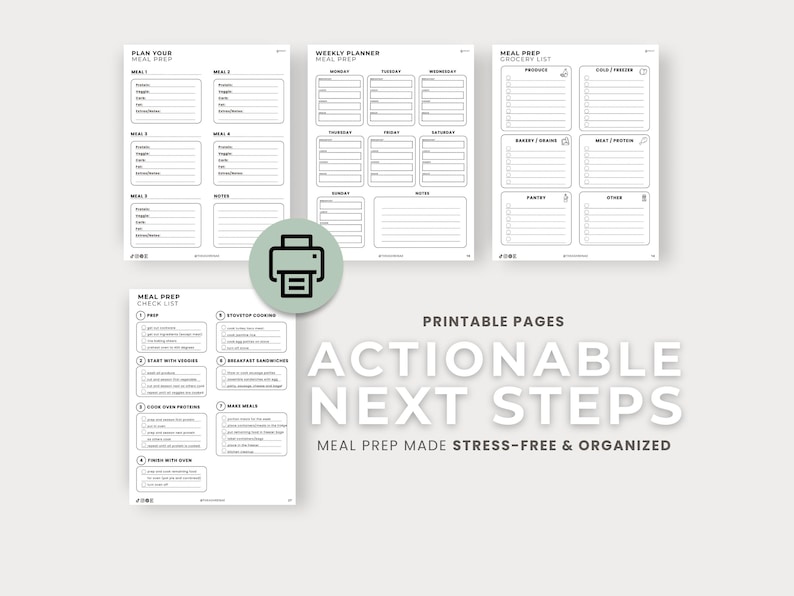 Puede incluir: P&aacute;ginas imprimibles para la planificaci&oacute;n de comidas con un planificador semanal, lista de compras y lista de verificaci&oacute;n. Las p&aacute;ginas son en blanco y negro con un dise&ntilde;o minimalista. El texto en las p&aacute;ginas incluye "Planifica tu preparaci&oacute;n de comidas".