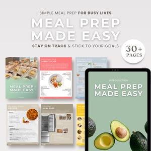 Puede incluir: Una gu&iacute;a digital de preparaci&oacute;n de comidas titulada "Meal Prep Made Easy" con una portada verde claro e ilustraciones de aguacates. La imagen tambi&eacute;n muestra varias p&aacute;ginas con recetas de preparaci&oacute;n de comidas y una lista de compras.