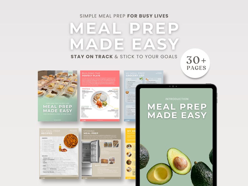 Puede incluir: Una gu&iacute;a digital de preparaci&oacute;n de comidas titulada "Meal Prep Made Easy" con una portada verde claro e ilustraciones de aguacates. La imagen tambi&eacute;n muestra varias p&aacute;ginas con recetas de preparaci&oacute;n de comidas y una lista de compras.