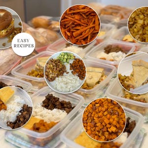 Puede incluir: Una variedad de comidas preparadas en recipientes de pl&aacute;stico transparente. La imagen incluye un s&aacute;ndwich de bagel, patatas fritas de boniato, patatas cortadas en dados y varios otros platos con arroz, carne y verduras. El texto "EASY RECIPES" tambi&eacute;n es visible.