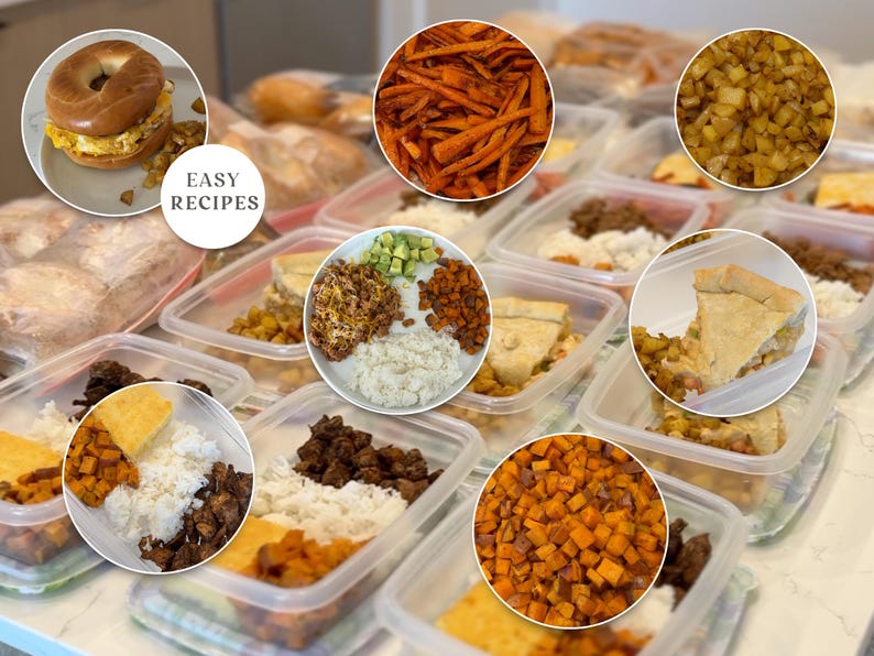 Puede incluir: Una variedad de comidas preparadas en recipientes de pl&aacute;stico transparente. La imagen incluye un s&aacute;ndwich de bagel, patatas fritas de boniato, patatas cortadas en dados y varios otros platos con arroz, carne y verduras. El texto "EASY RECIPES" tambi&eacute;n es visible.