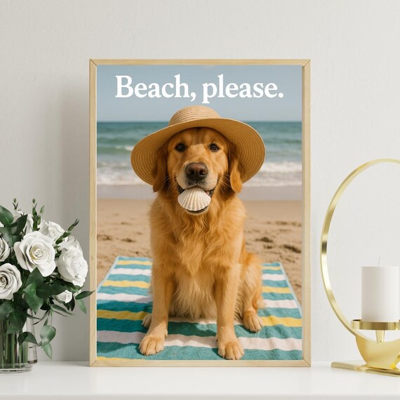 Golden Retriever Beach Print: Funny Coastal Dog Art (digital