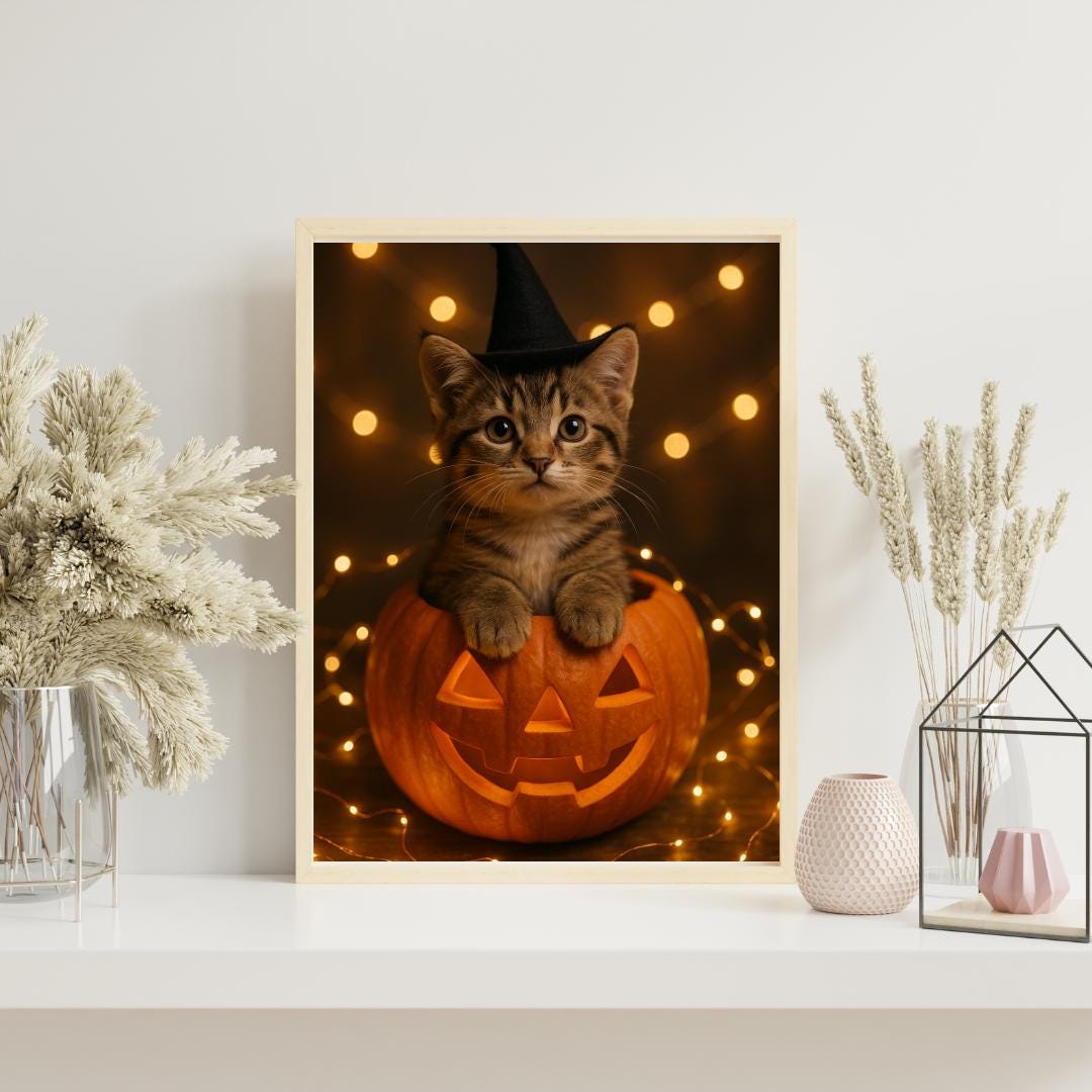 Cute Halloween Kitten in Pumpkin Wall Art | Witch Hat Cat Digital Print ...