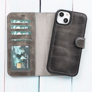 Personalized Leather iPhone 14 Wallet Case: Magnetic Detachable Cover