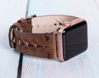 Brown Genuine Leather Apple Watch Band, Personalized Gift Apple Watch Series 8 7 6 5 4 SE, iWatch Leather Strap Men Women, Apple Watch Band