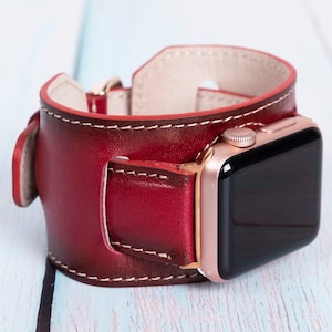 Rotes Leder iWatch Band 41mm 38mm 40mm 42mm 44mm 45mm, Apple Watch Band Leder iWatch Band Serie SE 7 6 5 4 3 2 1, Handgemachtes Geschenk für Frauen