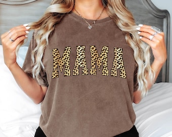 Leopard Mama Shirt, Comfort Colors T-Shirt with Varsity Lettering, Relaxed Fit