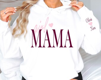 Girl Mama Shirt Personalized Mom Sweatshirt Hoodie Pink Heart Custom Name Sleeve Mother Gift for Her T Shirt Cozy Family Wear Outfit