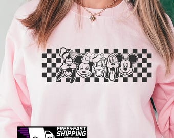 Retro Checkered Disney Sweatshirt, Vintage Disney Checkered Shirts, Mickey and Friends Family Matching Disney Trip Hoodie Disneyworld shirts