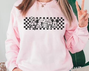 Cute Cartoon Friends Sweatshirt T Shirt Hoodie with Checkered Pattern, Retro Aesthetic Crewneck Pullover, Pastel Pink Unisex Cozy Gift Idea