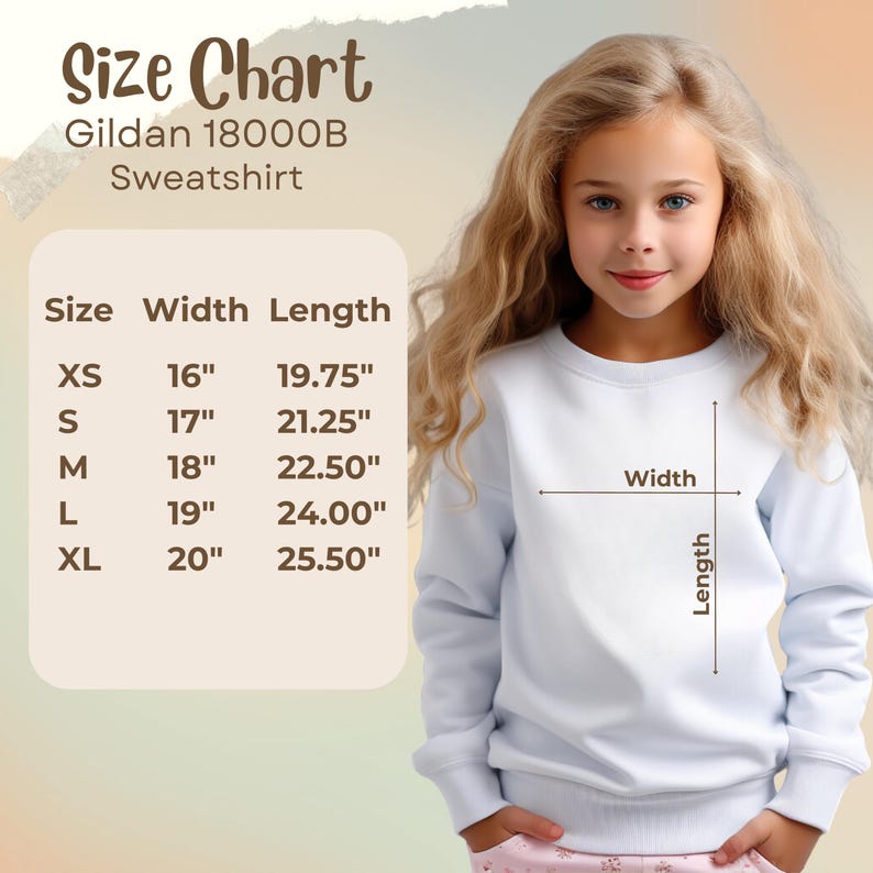 Puede incluir: Tabla de tallas para una sudadera Gildan 18000B, que muestra las medidas en pulgadas de ancho y largo para las tallas XS, S, M, L y XL.